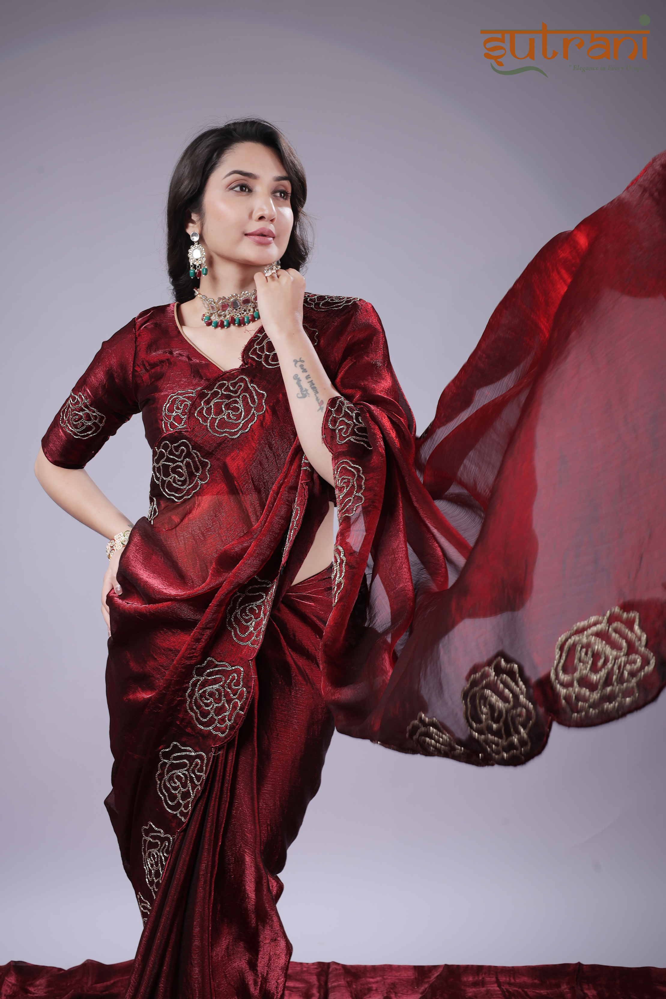 Wine Rose Elegance – Premium Saree with Heavy Floral Border Work