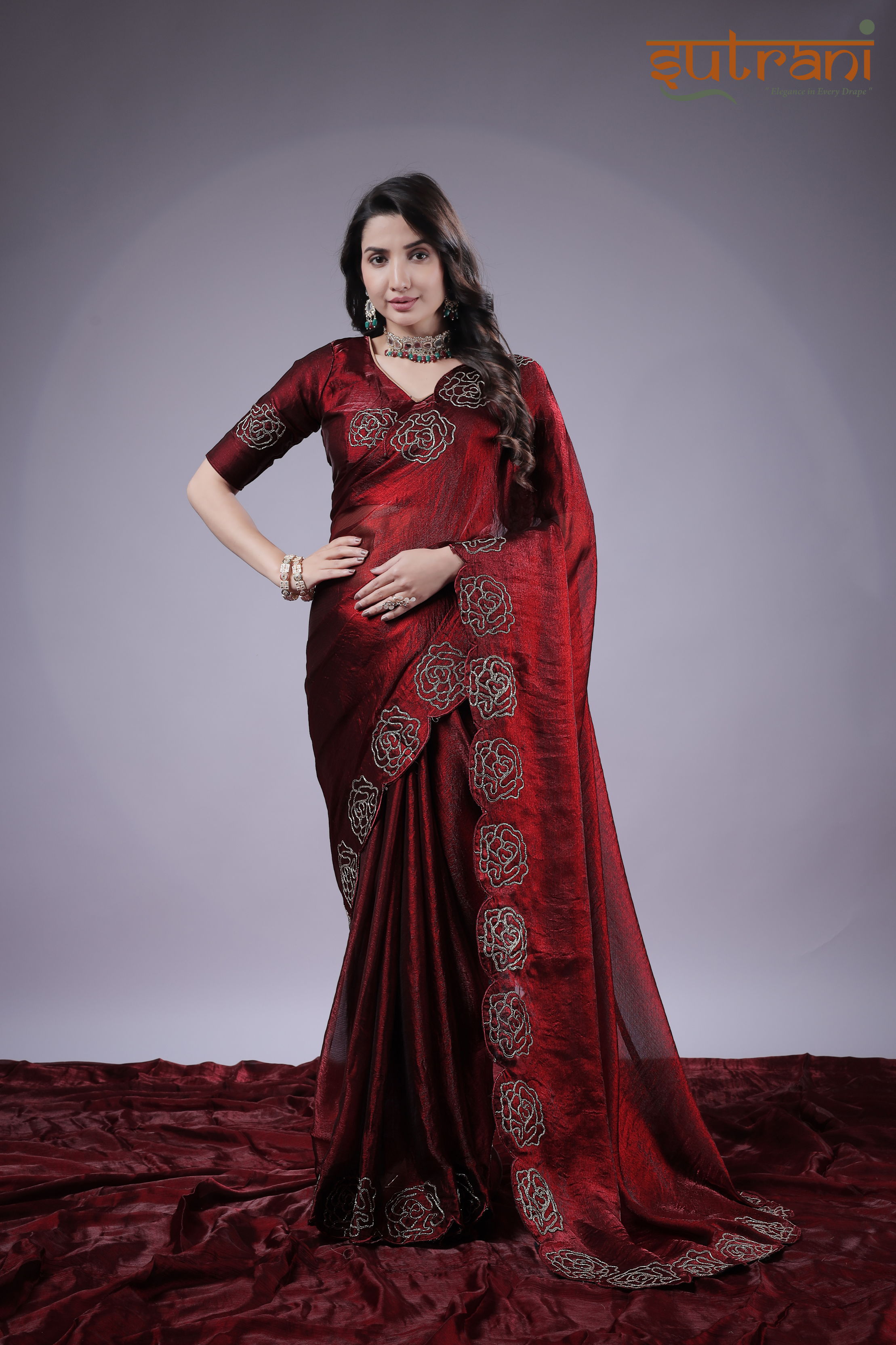 Wine Rose Elegance – Premium Saree with Heavy Floral Border Work