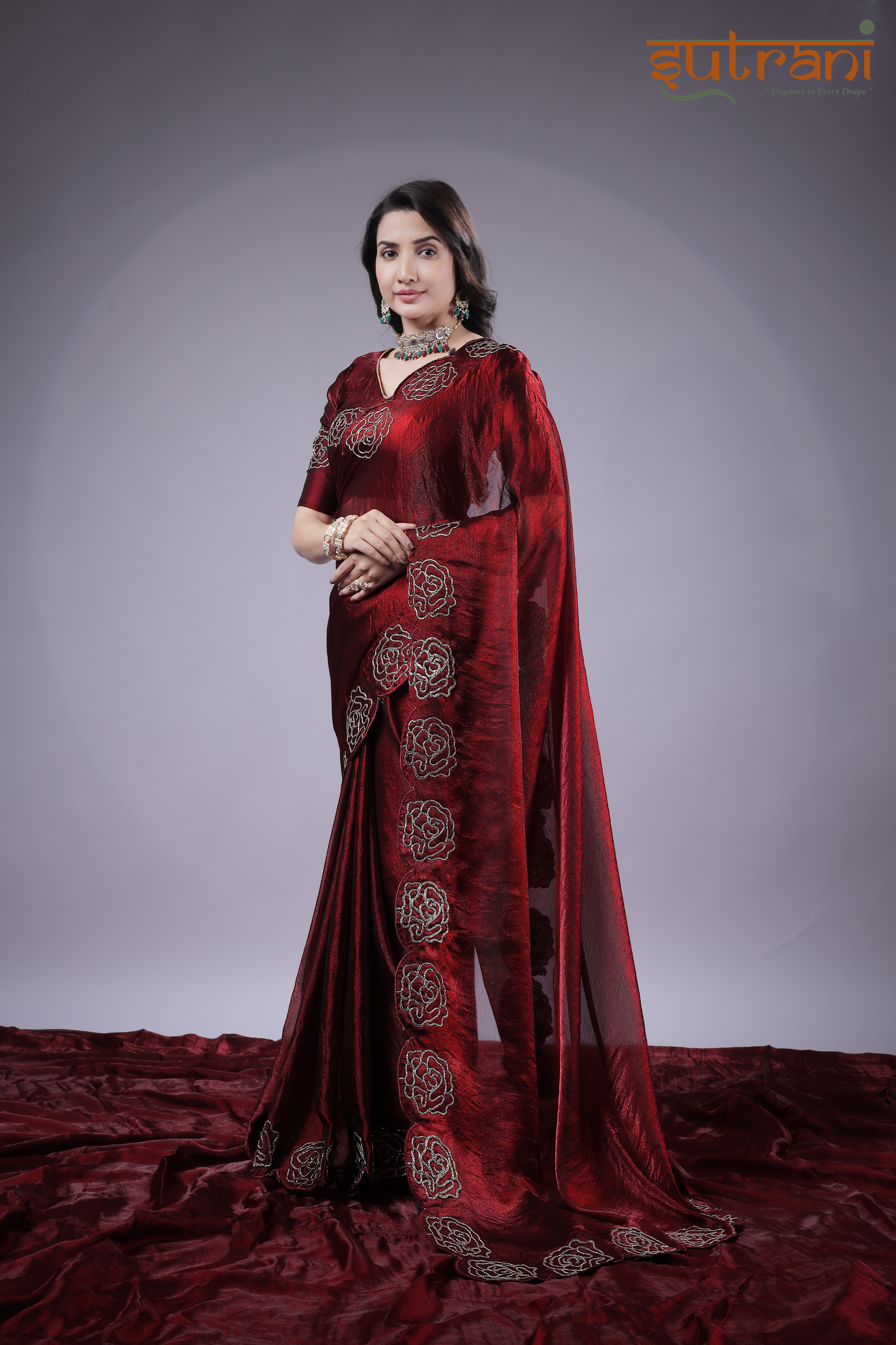 Wine Rose Elegance – Premium Saree with Heavy Floral Border Work